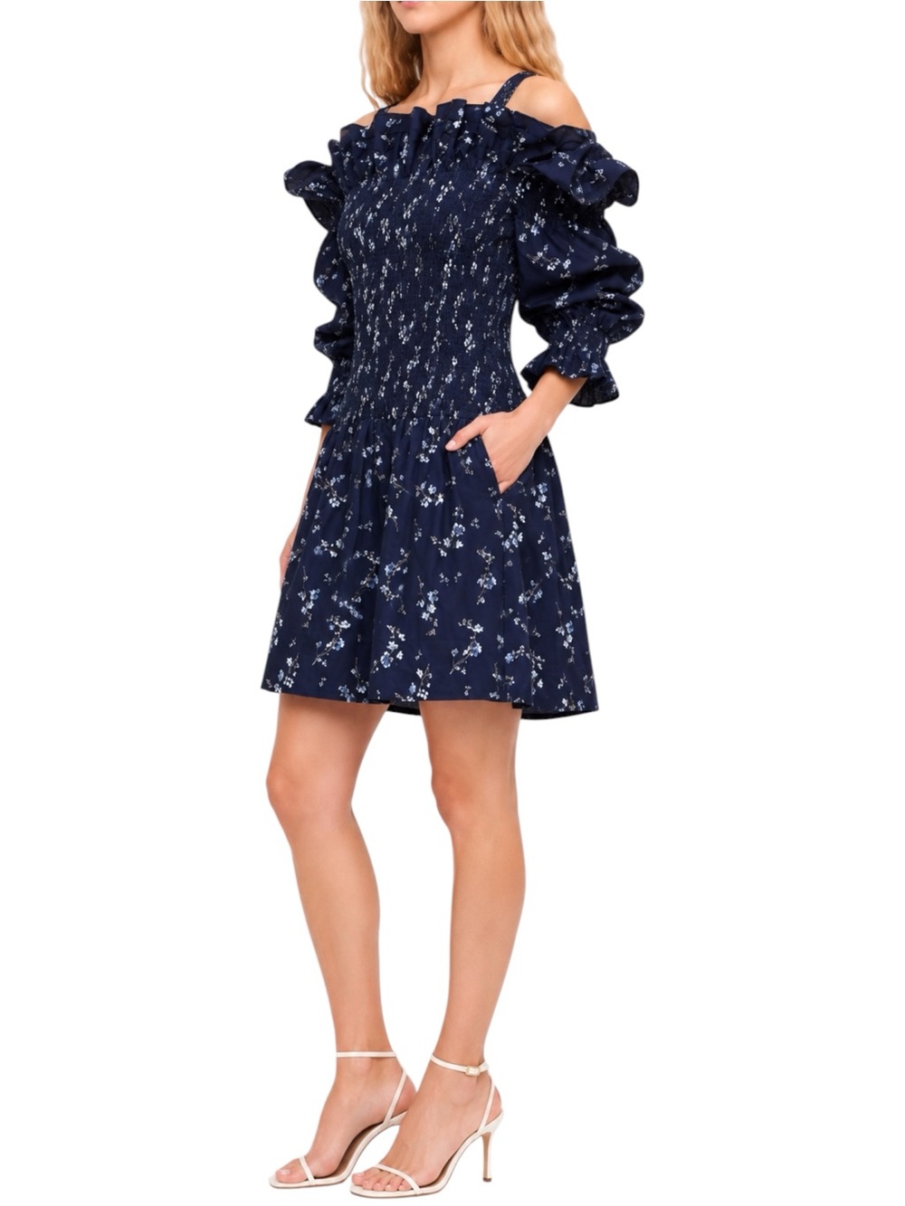 REBECCA TAYLOR Francine Blue Floral Off Shoulder Dress US 2 XS - Picture 2 of 9